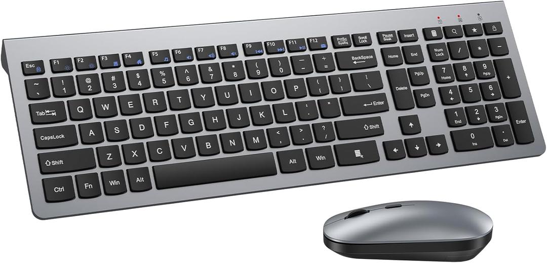 Wireless Keyboard and Mouse Combo - Ultra-Slim Design Full Size Quiet Keyboard with 3 DPI Adjustable Wireless Mouse, Sleep Mode,2.4G Cordless Thin Keyboard Mouse Set for Windows, Mac, Laptop, Black Gray