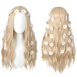 Linfairy 70s Long Blonde Wavy Hippie Wigs with Sunflower Headband Halloween Cosplay Costume Wig for Women Party (Blonde)