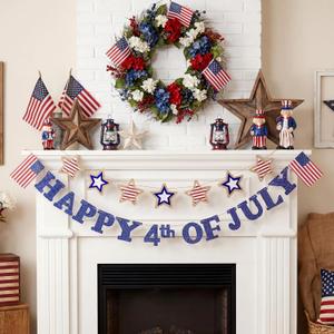 Chumia 2 Pcs Happy 4th of July Garland 11.6 ft Felt Patriotic Mantel Banner Memorial Day Decoration Red Blue and White Bunting Flag Wall Hanging for 250th Anniversary Independence Veterans Fireplace