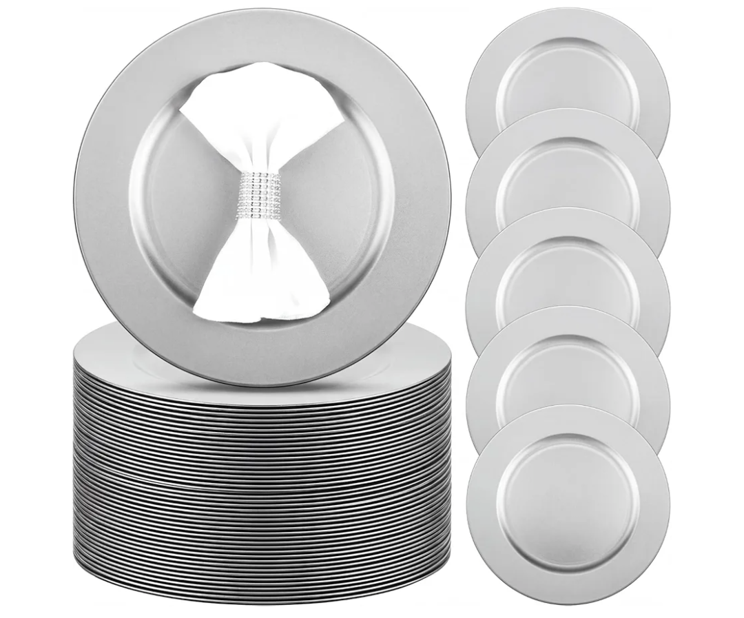 Zhehao 100 Pcs Charger Plates Bulk 13 Inch Round Wedding Chargers Plastic Plate Dinner for Wedding Party Baby Shower Table Setting Event Decoration(Silver)