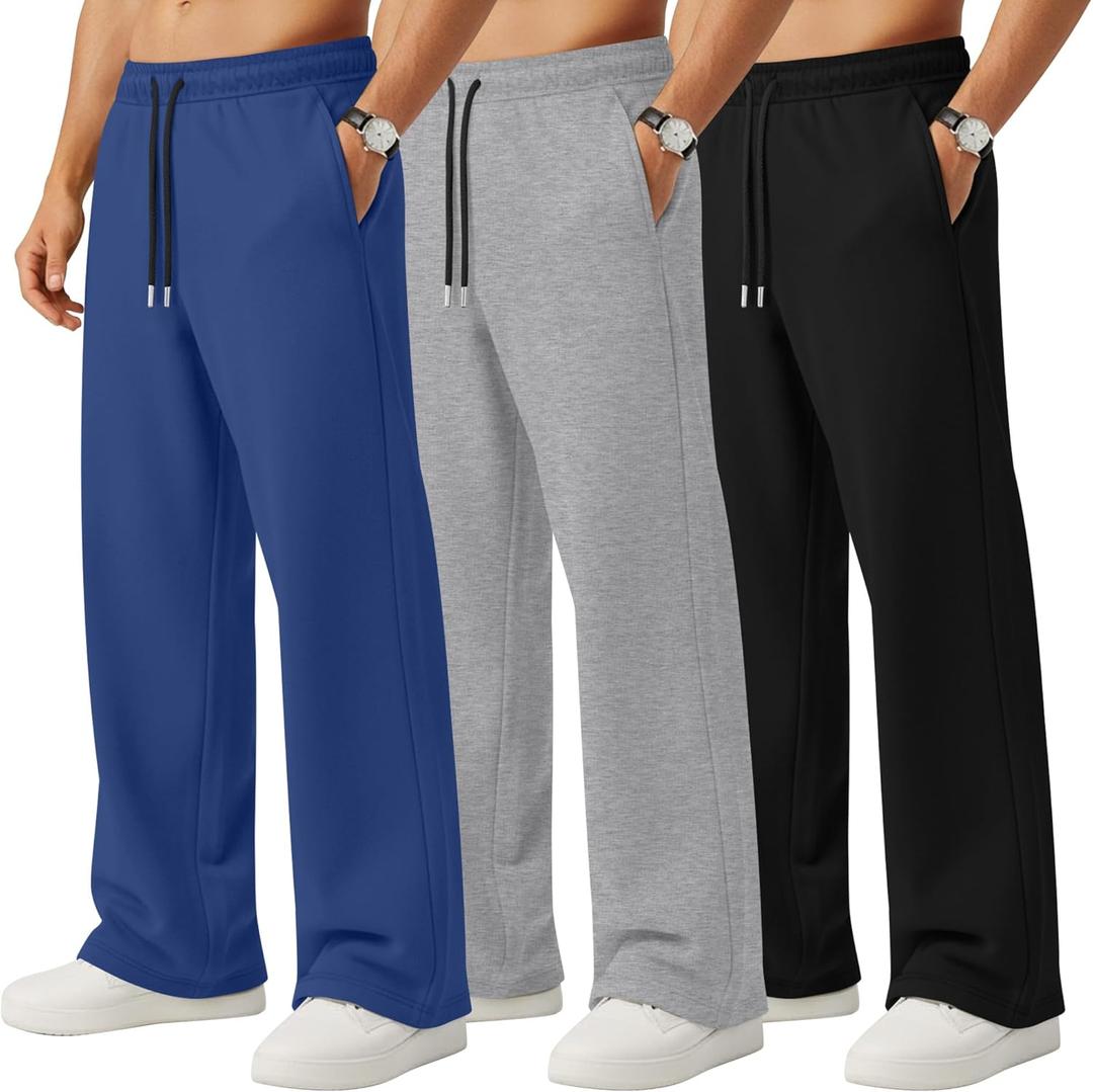 Neer 3 Pack Men's Sweatpants Lightweight Athletic Drawstring Open Bottom Pants Workout Running Lounge Pants with Pocket (X-Large, Black, Cement Gray, Royal Blue)