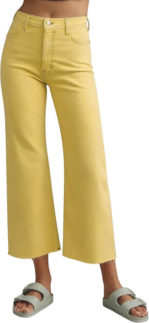 Allimy Women's High Waisted Straight Ankle Wide Leg Ripped Jeans Frayed Hem Stretchy Capri Denim Pants (14, Bright Yellow)
