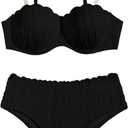 MakeMeChic Women's 2 Piece Bikini Set Textured Pearl Beaded Strap Scallop Trim High Waist Swimsuit (Large, Black)