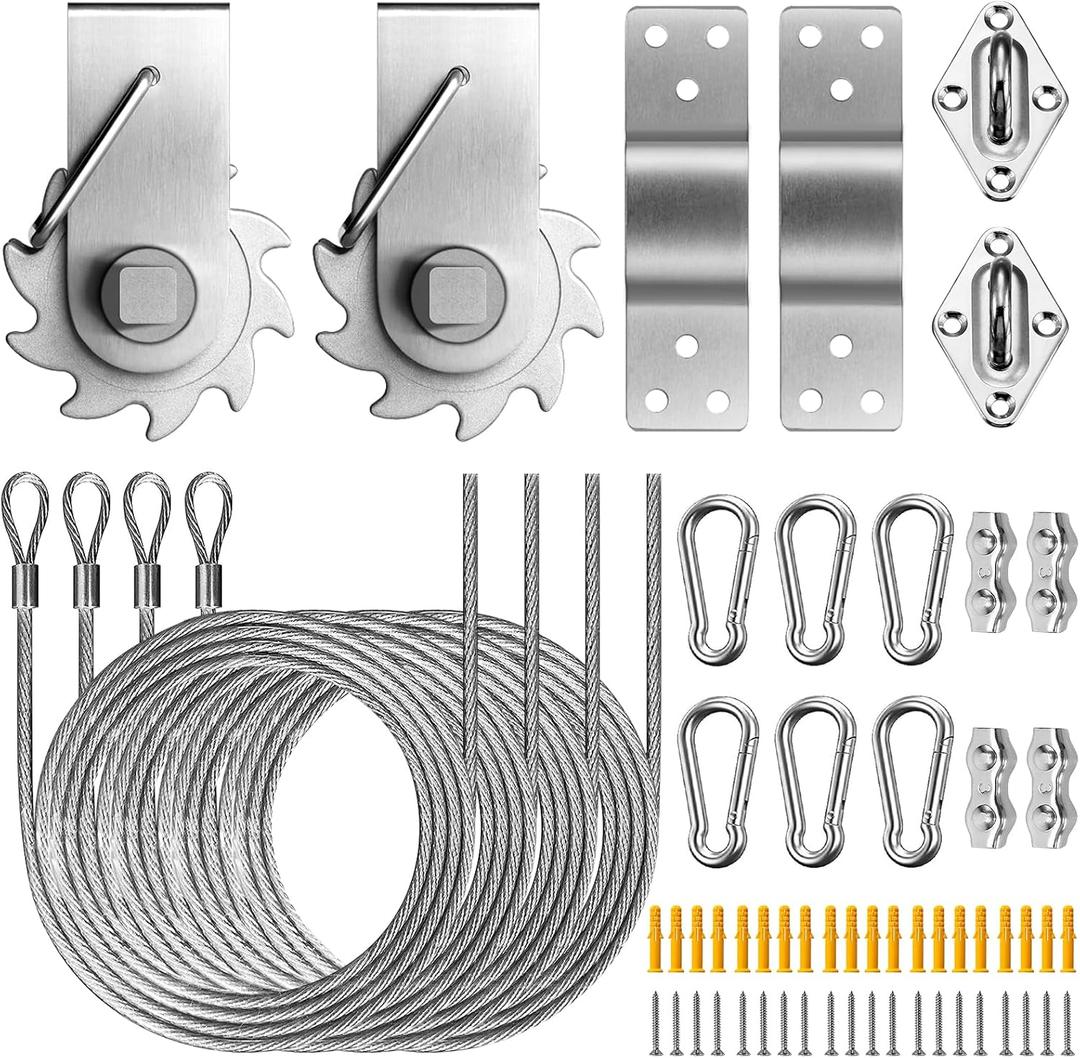 UIRWAY Shade Sail Hardware Winch Set Kit, 60Pcs Stainless Steel Hardware Kit for Rectangle Triangle Canopy, Heavy Duty Anti-Rust Hardware Kit Set for Outdoor Garden Patio(Ratchet Winch +304 Wire Rope)