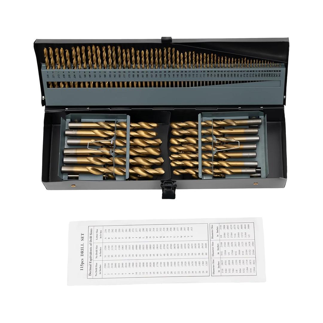 Drill Bit Set, 115PCS Spiral Flute+Round Straight Shank Drill Sets w/Storage Box, 118 Angle Point Cobalt Steel High-Speed Drill Bits, 6.6LBS Lightweight Portable Woodworkers Durable Drill Sets
