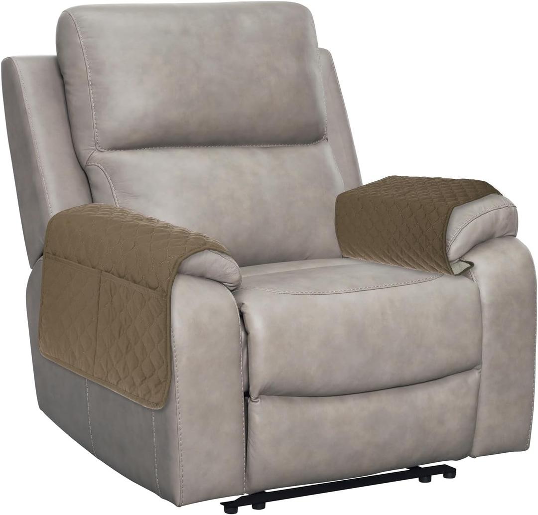Uxcell 2 PCS Armrest Covers, Couch Arm Cover Furniture Protect Slide Recliner Chair Armchair Covers with Side Storage Pocket for Sofa Recliner, Camel