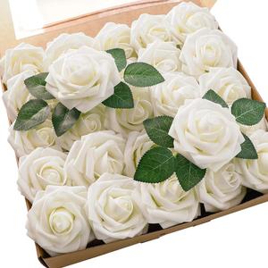 Floroom Artificial Flowers 25pcs Real Looking Ivory Foam Fake Roses with Stems for DIY Wedding Bouquets, White Bridal Shower Centerpieces, Arrangements Party Tables, Decorations