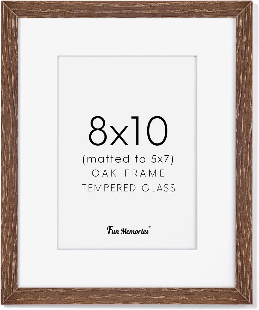 Fun Memories 8x10 Wood Picture Frame, Solid Oak Wood Frame 10x8 for Wall & Tabletop Display, 5x7 Picture Frame with Mat 8x10, 8 x 10 Photo Frame Wood with Tempered Glass, Walnut Color, 1 Pack