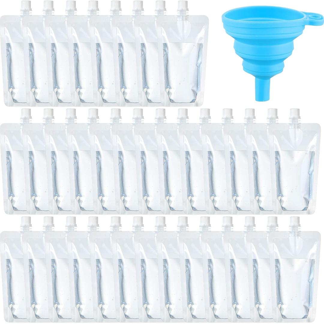 Patelai 150 Pieces Plastic Liquid Pouch Reusable Juice Pouches Travel Water Leak Proof Bags Bulk with Collapsible Silicone Funnel for Travel Outdoor (8 oz)