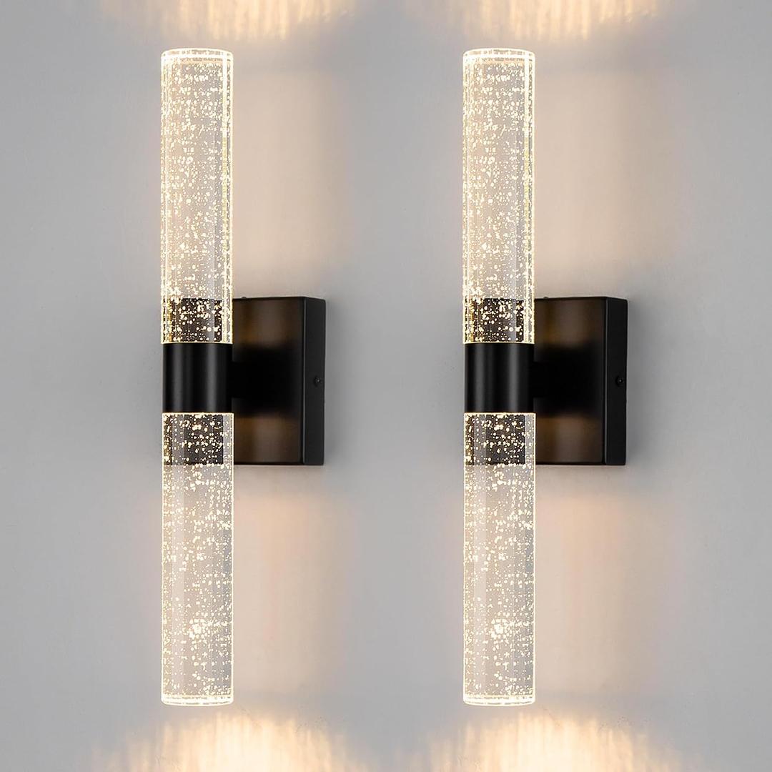 DORESshop Modern Wall Sconces Set of Two, 3CCT Crystal Bathroom Sconces Wall Light, Black Vanity Light Fixture, Sconce Wall Decor Set of 2, Wall Lights for Bedroom, Living Room, Hallway 18in