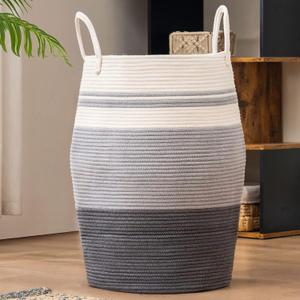 Cotton Rope Laundry Hamper by YOUDENOVA, 105L - Woven Collapsible Laundry Basket - Clothes Storage Basket for Blankets organizing, Bedroom Storage, Clothes Hamper Grey