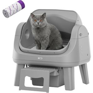 PetPivot Open Top Self Cleaning Cat Litter Box, Automatic Litter Box with 7 Pairs of Safety Sensors, Anti-Pinch Protection and Easy Access Step for Senior Cats, Dark Grey
