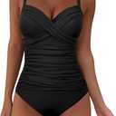 Hilor Women's Ruched Underwire One Piece Swimsuit Front Twist Swimwear Tummy Control Bathing Suit Monokini (14, Black)