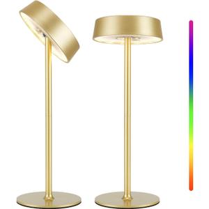 Cordless Lamp, Rechargeable Table Lamp, Battery Operated, RGB Dimmable Touch Control, 3 Color Temperatures, LED Memory Function, Portable Outdoor Waterproof, Restaurant Dining Patio Kitchen, Gold 2Pcs