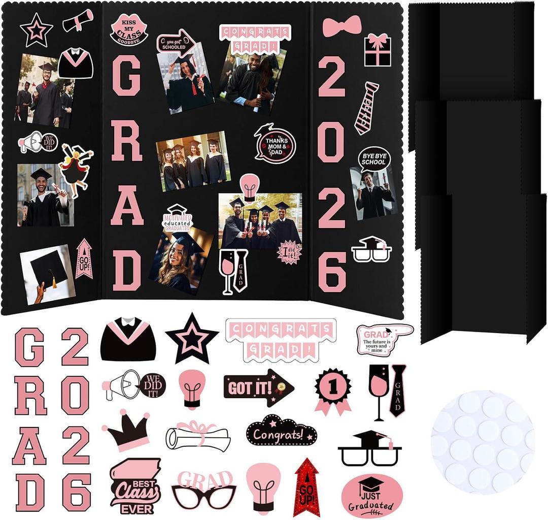 4 Set Graduation Photo Display Board Trifold Poster Board for Class of 2026 Grad Party Picture Display Graduation Photo Frames for Multiple Pictures Table Decor(Pink,24 x 16 Inches)