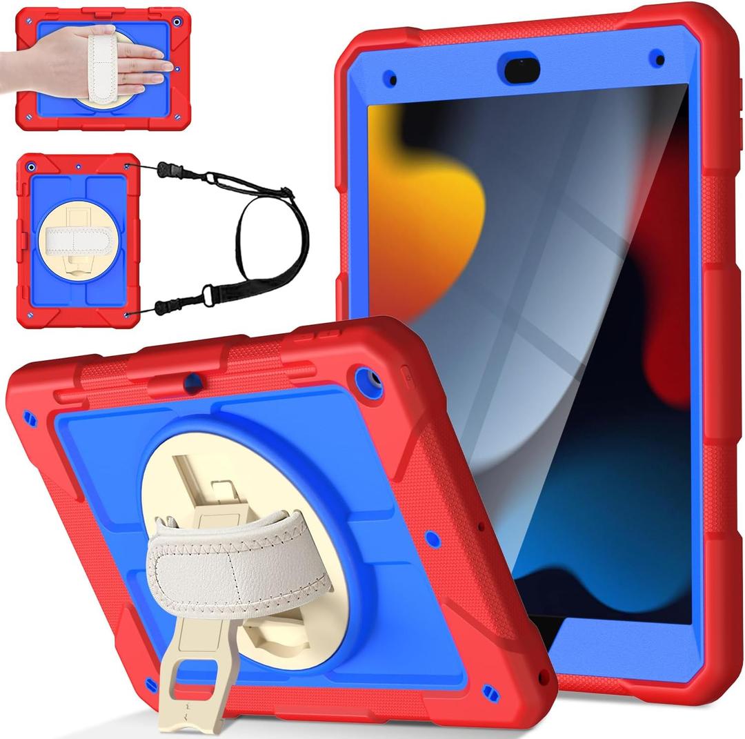 LTROP Case for iPad 9th/8th/7th Generation 10.2 Inch (2021/2020/2019) [Shoulder Strap][Pencil Holder][Swivel Stand], Protective Cover for iPad 9/8/7 Gen 10.2, Blue and Red