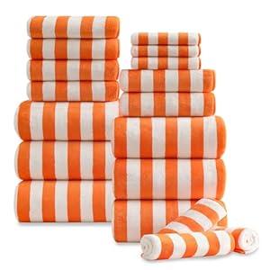 18 Pcs Orange Stripe Bath Towel Set with Hanging Loop-6 Bath Towels, 6 Hand Towels, 6 Washcloths Soft Family Towels Set Bathroom Towel Highly Absorbent Quick Dry Shower Towel for Beach Spa Gym Hotel