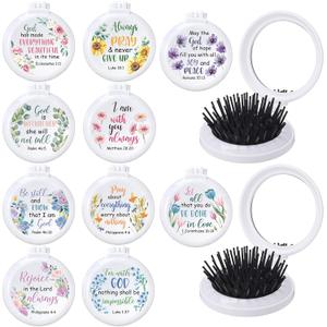 10 Pcs Foldable Hair Brush with Mirror Inspirational Christian Gifts for Teacher Mom Nurse Mini Bible Verse Flower Travel Compact Comb Bulk for First Communion Church Graduation Favor