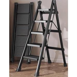 Step Ladder 5 Step Folding Portable Step Ladder with Anti-Slip Wide Pedal Aluminum Stepladder Lightweight Step Stool for Office Household Library 300lbs - Black