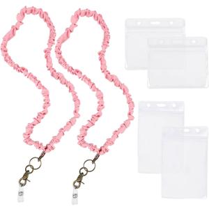 2 Pcs Scrunchie Lanyard Teacher for ID Badges Keys with 4 Card Holders, Stretchy Cute Scrunchie Lanyards for Work School Daily Use, Christmas & New Year Gift Set for Women Teachers