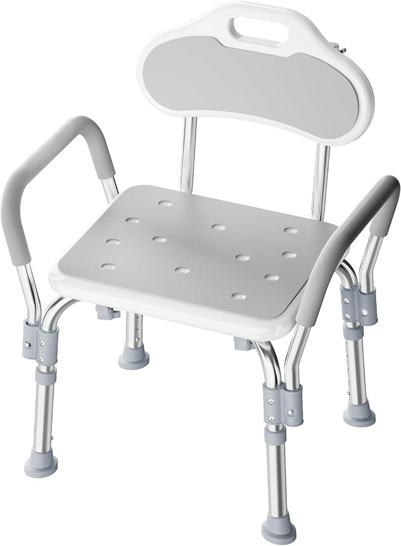 BlessReach Shower Chair for Elderly and Disabled with Arms, Heavy Duty Adjustable Height Bath Seat for Inside Shower or Tub, Slip Resistant, Padded Backrest & Armrest, Supports 500 lb, Gray