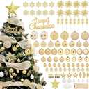 Ktinnead 94 Pcs Christmas Tree Decorations Set, Gold Shatterproof Christmas Tree Hanging Ball Ornaments with Glitter Poinsettia Flowers Decorations Berries Snowflakes for Xmas Party Holiday Wedding