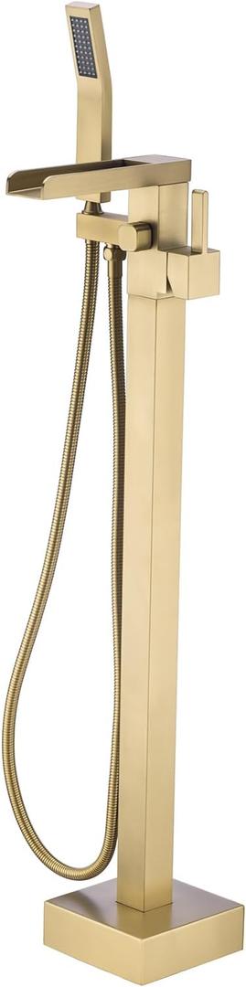 BAGNOLUX Bathtub Faucet Tub Filler Floor Mount Bathroom Faucets Brass Single Handle with Hand Shower (Waterfall Style B, Brushed Brass)