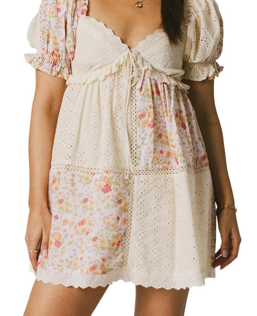 Women Floral Patchwork Babydoll Dresses Puff Sleeve V Neck A Line Cute Mini Dress Flowy Y2k Sundress for Teens,L