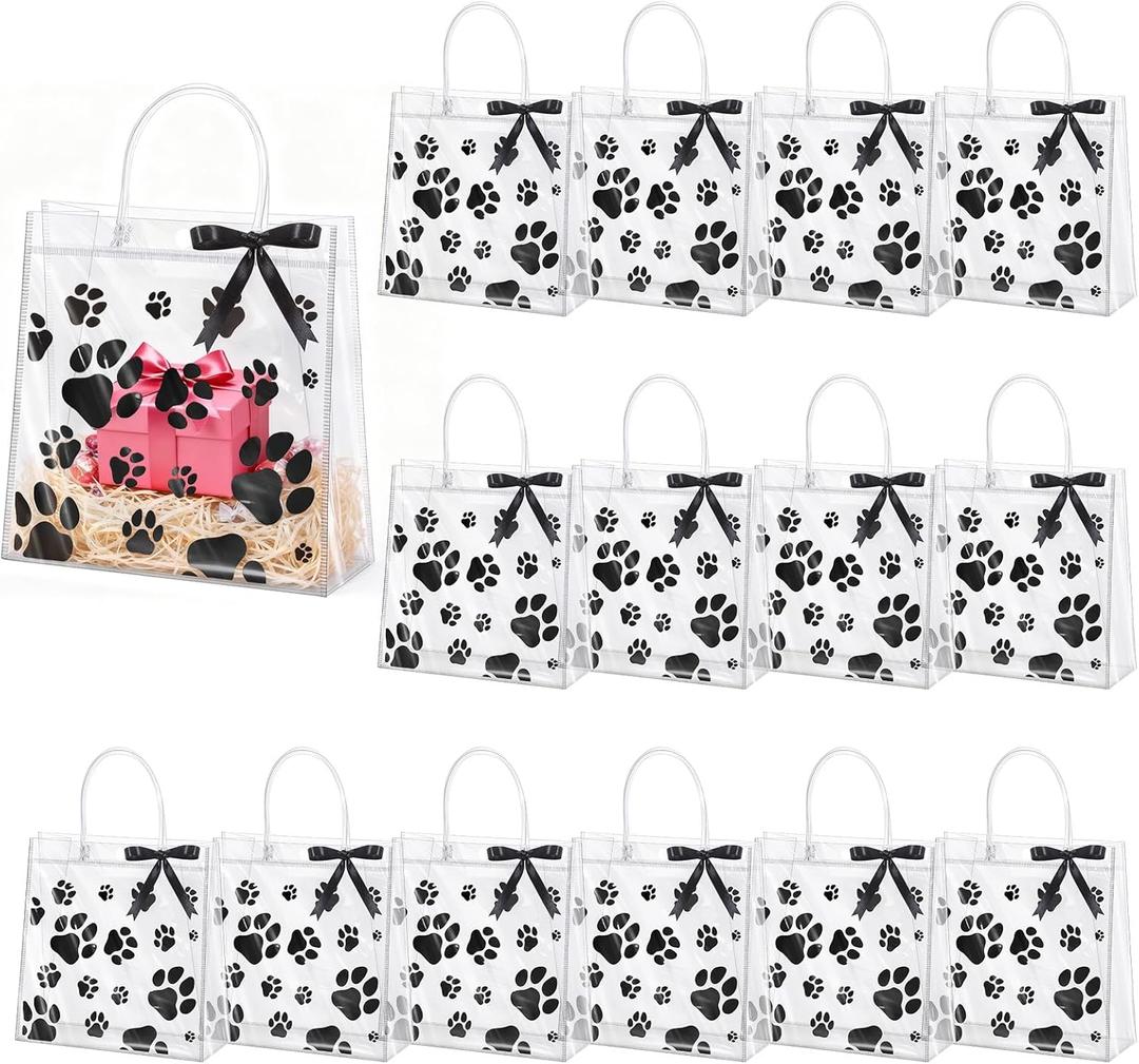 STORRVOL 24 Pcs Dog Paw Clear PVC Gift Bags with Handles 7.8x7.8x3 In Reusable Transparent Dog Treat Bags with Ribbon PVC Tote Bag for Puppy Pet Treat Party Favor Birthday Wedding Party, Black