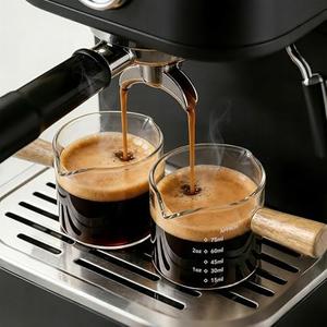YARRAMATE 2.5 oz/75ML Espresso Shots Cup with Wood Handle (2 Pack), Clear Glass Espresso Measuring Cup, Espresso Shot Glass with Double V-Shaped Spout and Scale, Dishwasher Safe