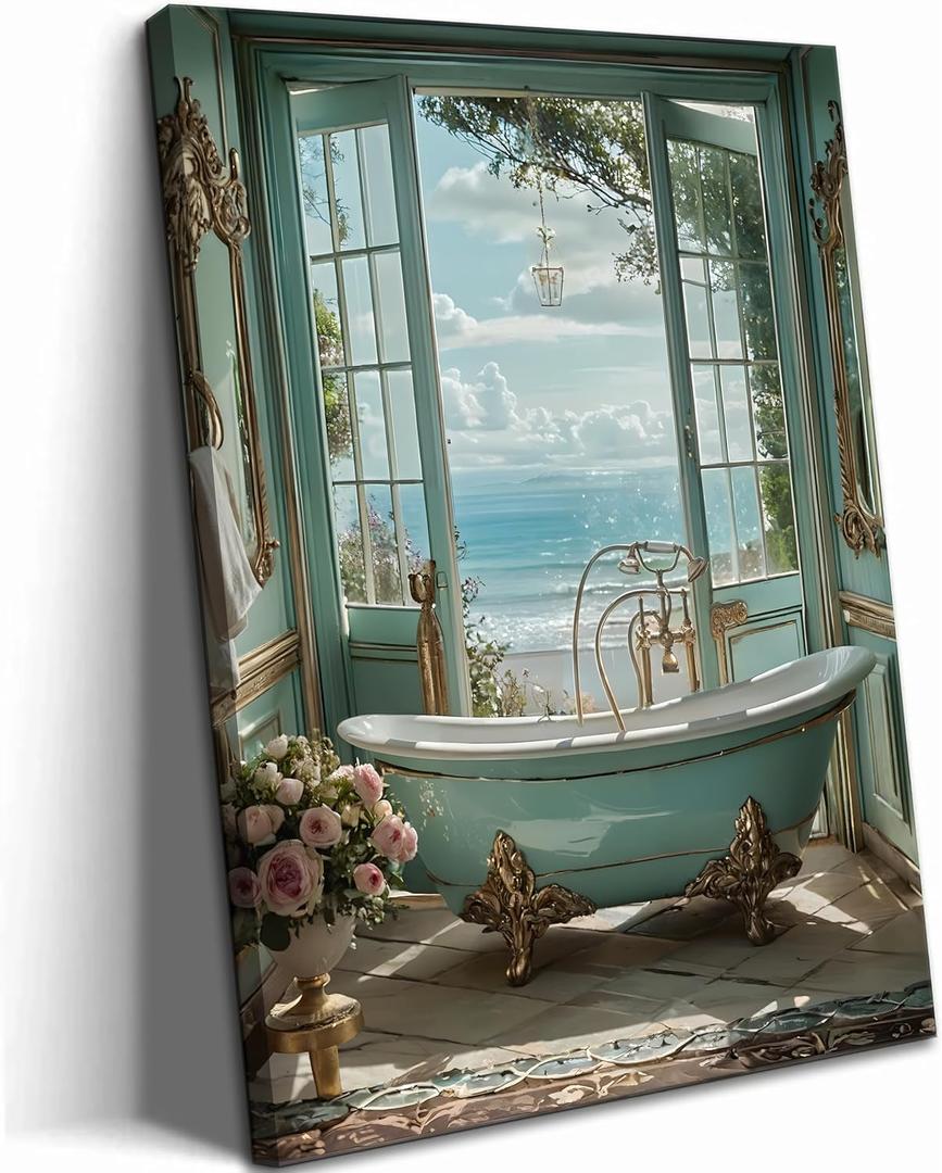 Blue Ocean Theme Bathroom Canvas Wall Art Vintage Teal Bathtub Picture Wall Decor Light Blue Beach Poster Coastal Windows Sea View Painting Print Artwork for Bathroom Toilet Restroom Home Decoration (16L"x12W")