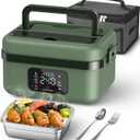 ODSD Cordless Electric Lunch Box for Adults, 16000mAh Rechargeable Self-Heating Lunch Box Food Warmer with Timer & Adjustable Heating, 34oz/1L Container with Insulated Bag for Office Car Outdoor (Green/Dark Green)