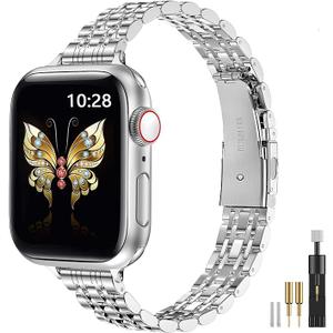 MioHHR Metal Band Compatible with Apple Watch Bands 49mm Ultra3/2/1,46mm Series 11 10,45mm Series 9 8 7,44mm Series 6 5 4 SE,42mm Series 3/2/1,Stainless Steel iWatch Bands for Women,Silver/Gold