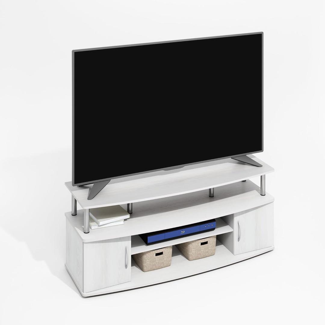 Furinno Jaya Large Entertainment Center Hold up to 55-in TV, White Wood, Stainless Steel Tubes