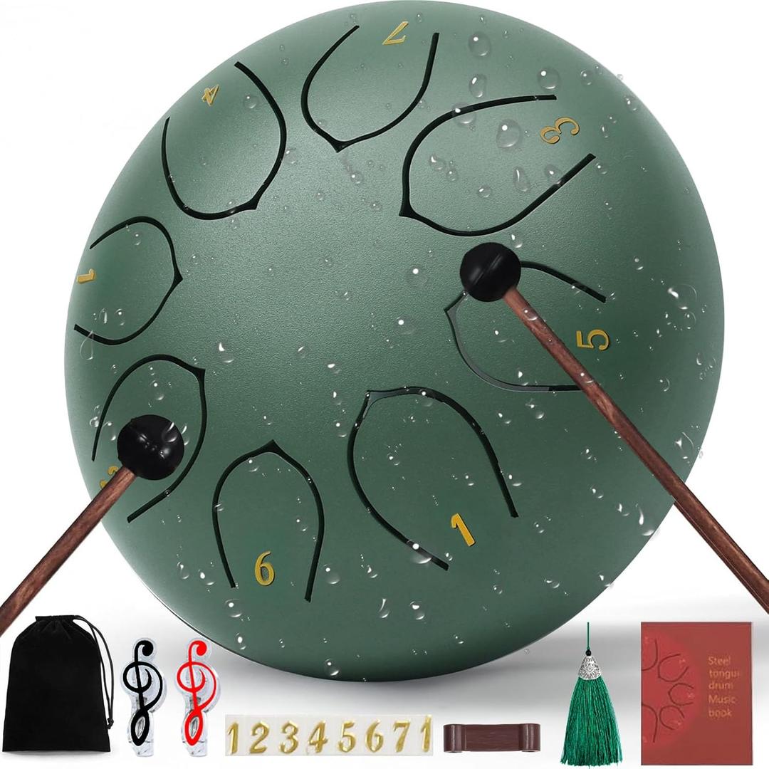 Rain Drum for Outside Garden6 Inches 8 Notes Steel Tongue Drums, Waterproof Meditation Rain Chime, Musical Instruments for Gift with Bag, Drum Mallets, Music Book (Green)
