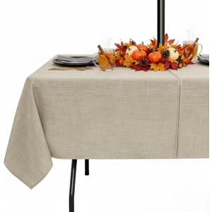 Outdoor Tablecloth with Umbrella Hole - Patio Table Cloth Zippered Rectangle 60x102 Inch, Faux Linen Table Cover Water Resistant for Picnic Outside, Natural Color