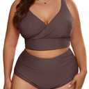 Eytino Womens Plus Size Bikini Sets V Neck Push Up Bikini Tops High Waisted Swim Bottom Solid 2 Piece Bathing Suits,3X Coffee