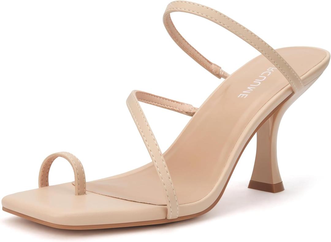 Carcuume Women's Square Toe Heeled Sandals Strappy Kitten Heels (Size 11, Nude Pu)