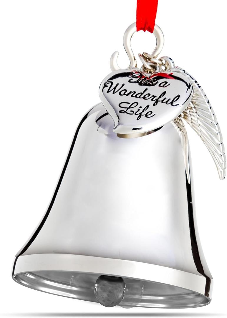 Klikel Christmas Bell - Silver Ornament with Angel Wing and Heart Charms - Its A Wonderful Life Bell for Christmas Tree