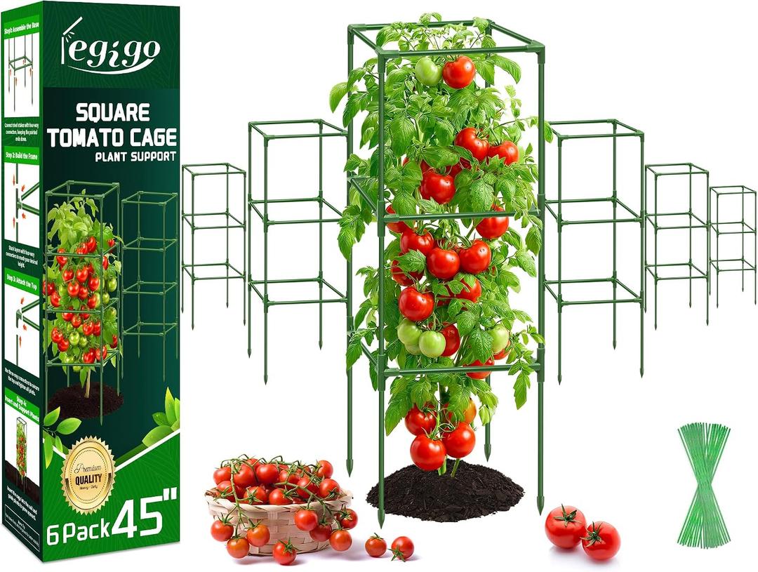 Legigo 6 Pack Square Tomato Cages- 45 Inch Heavy Duty Tomato Trellis for Climbing Plants Outdoor, Tomato Plant Support Stakes Cage Garden Trellis for Garden Raised Garden Bed Cucumbers Vegetables