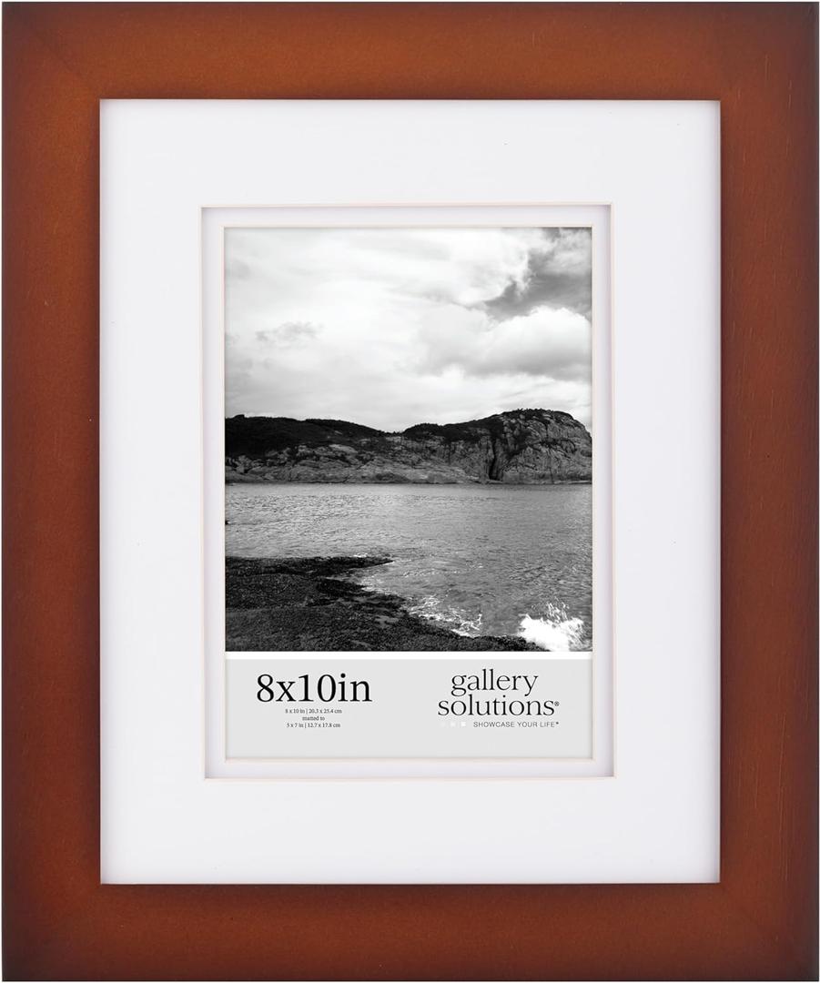 Gallery Solutions - 8"x10" Flat Walnut Frame - Rectangular Tabletop or Wall Mount - For 5"x7" Pictures - Premium Walnut Wood with Double White Mat - Versatile-Elegant For Home or Office Dcor - Traditional Photo Frame