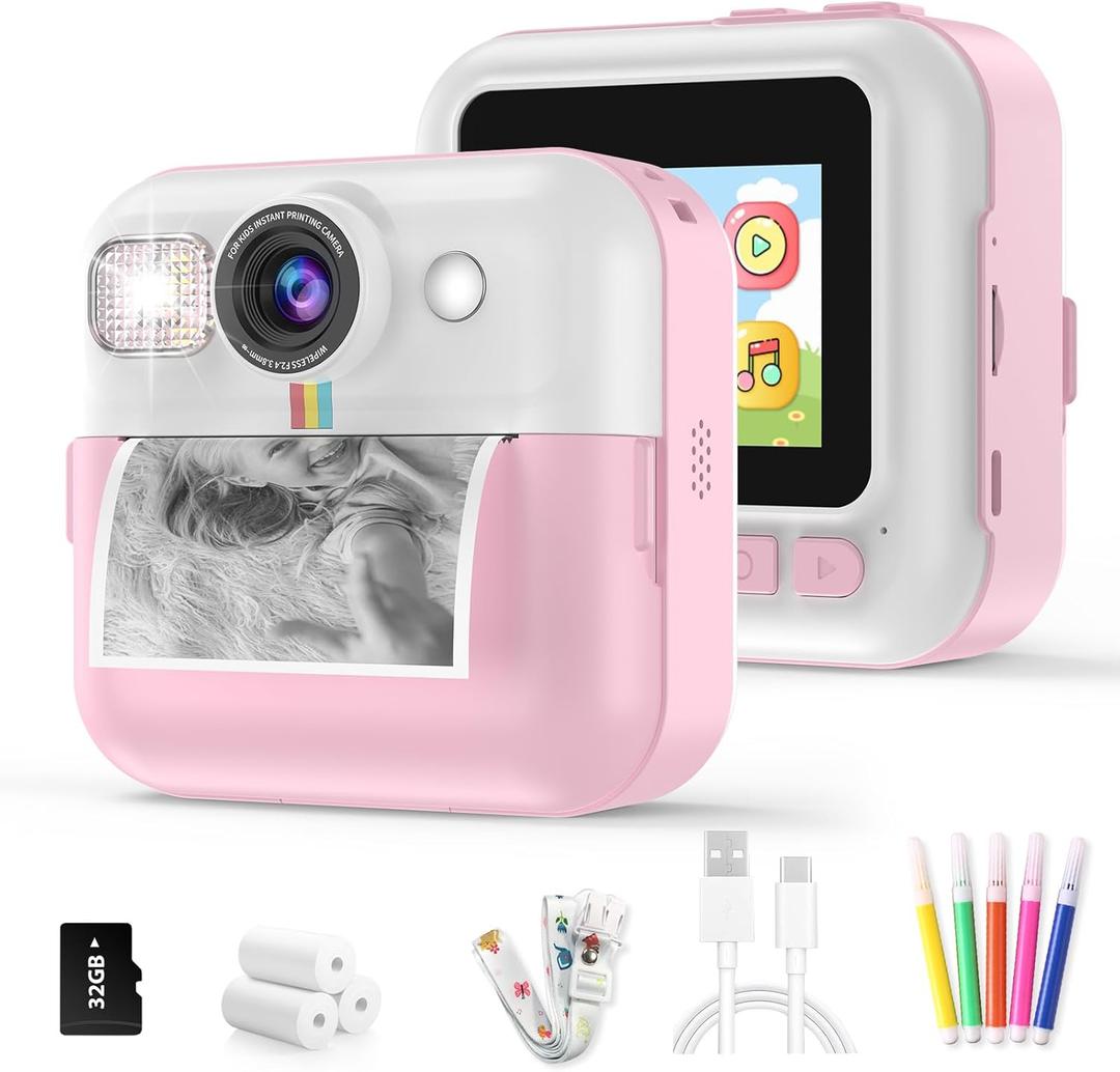 Instant Print Camera for Kids, Christmas Birthday Gifts for Girls Age 3-10, Toddler Toy for 3 4 5 6 7 8 9 10 Year Old Girls with 3 Roller Photo Paper (Pink)