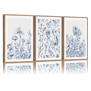 SIGNINART Classic Chinoiserie Framed Canvas Wall Art Set, Blue and White Floral Art Painting, Minimalist Botanical Flower Artwork, Navy Blue Wall Decor for Bedroom, Living Room, Office 16"x24"x3