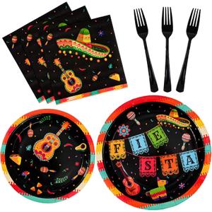96 PCS Mexican Fiesta Party Plates for Cinco De Mayo Decor, Fiesta Plates and Napkins Party Supplies for Cinco De Mayo Carnival Taco Night Party Serve 24 Guests