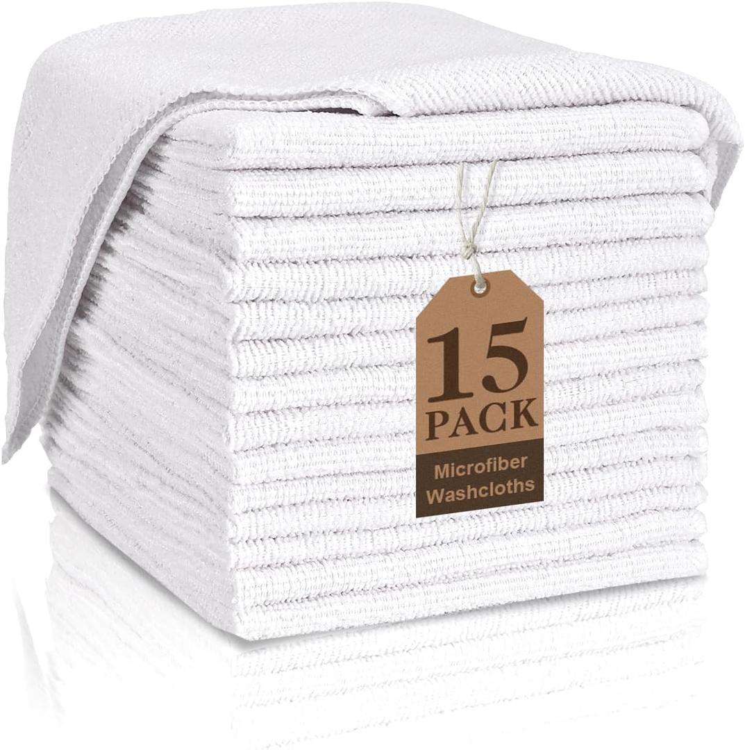 TEAWOO White Washcloths 15 Pack, Highly Absorbent & Quick Drying Face Towels, Premium Quality Soft Bath Towels, Multipurpose Microfiber Wash Cloths, 12x12 inches