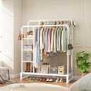 Double Rods Clothes Rack Clothing Rack with 4 Tier Storage Shelves Clothes Rack for Hanging Clothes Multifunctional Heavy Duty Clothes Organizer with Hooks for Bedroom,Wardrobe Closet,Shop,White