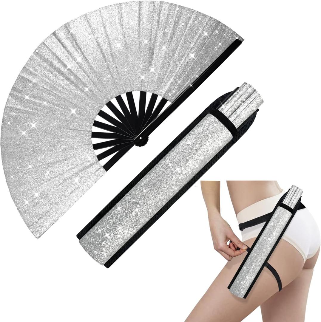 Glitter Large Rave Folding Clack Hand Fan with Holster for Men Women Handheld Fan for Festivals,Halloween,Rainbow Outfits,Disco Party,EDM,Burlesque,Drag Queen for Rave Accessories