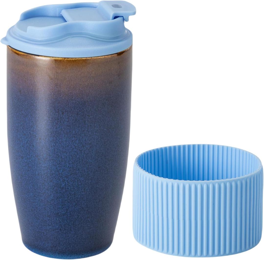 Ceramic Travel Coffee Mug with Polypropylene Lid and Insulated Sleeve, 16 oz, Portable Coffee Cup for Car Cup Holder, Transmutation Glaze Microwave and Dishwasher Safe(Blue)