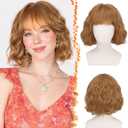 BARSDAR Natural Red Short Wavy Wig with Bangs - Short Wavy Ginger Auburn Wig for Women - Curly Wavy Textured French Bob Wigs with Bangs Soft Synthetic Natural Looking Face-Framing Daily