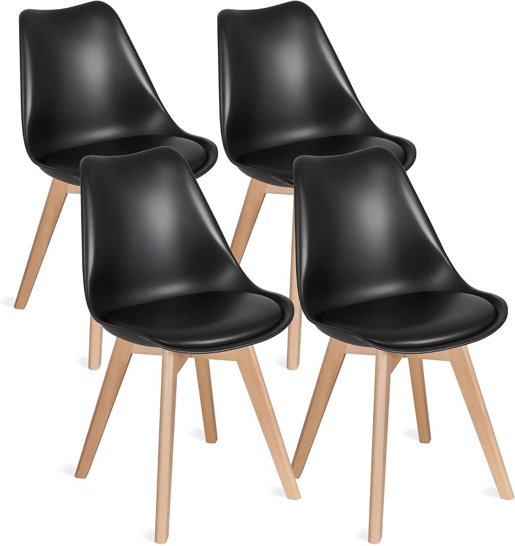 VECELO Dining Chairs Set of 4, Mid-Century Modern Kitchen & Dining Room Chairs, PU Leather Upholstered Seat, Solid Wood Legs, Armless, Non-Slip Feet, Black, With Cushion
